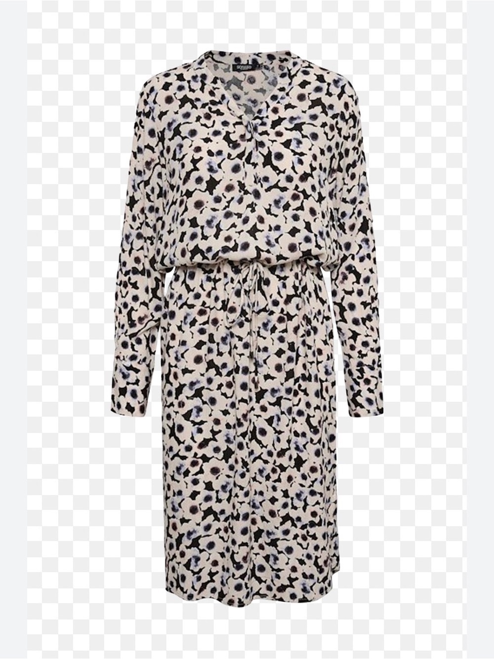 Soaked in luxury Long Sleeve Cream Animal Print Drawstring Waist Dress
